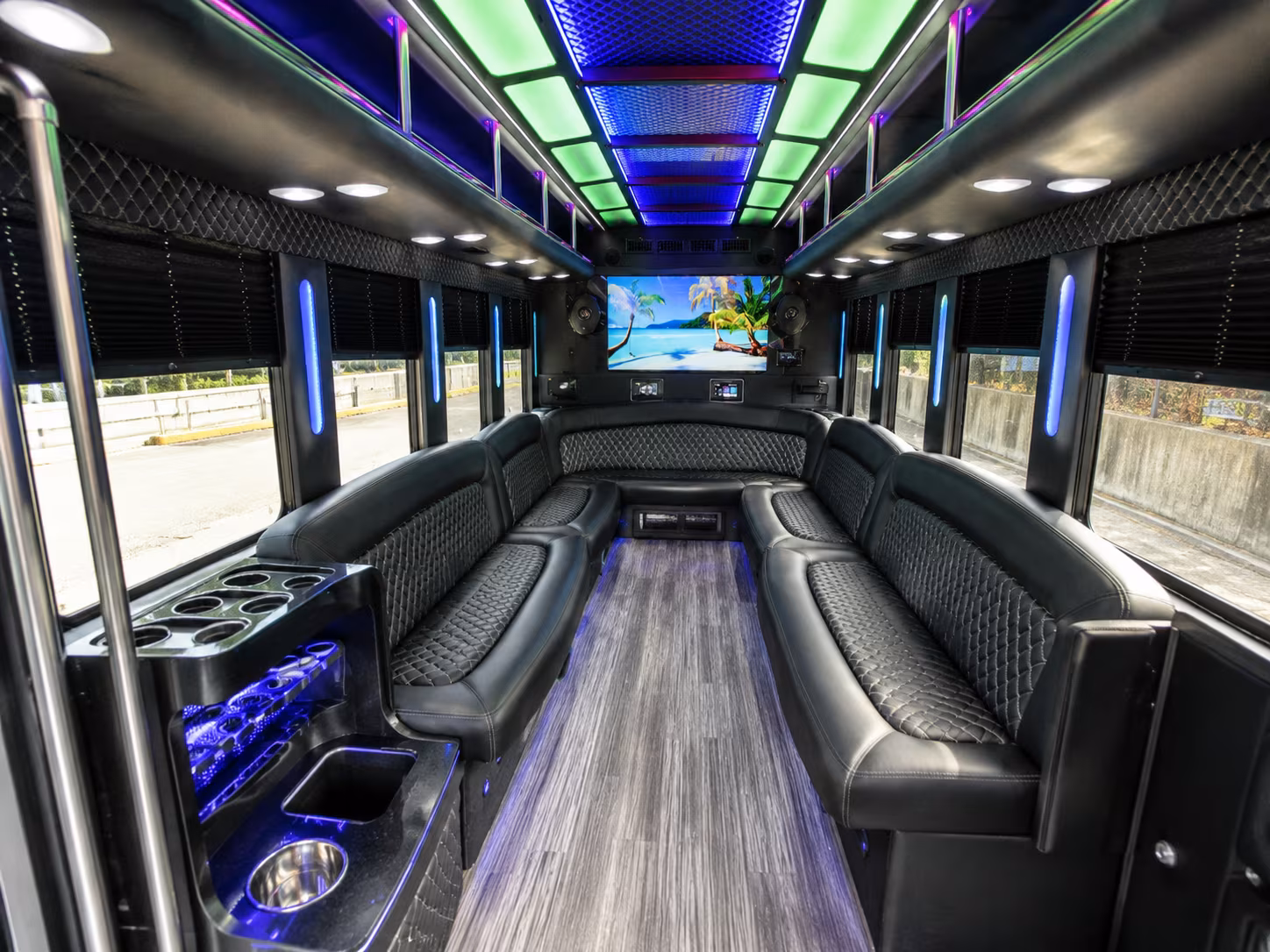 troy 18 passenger party bus inside